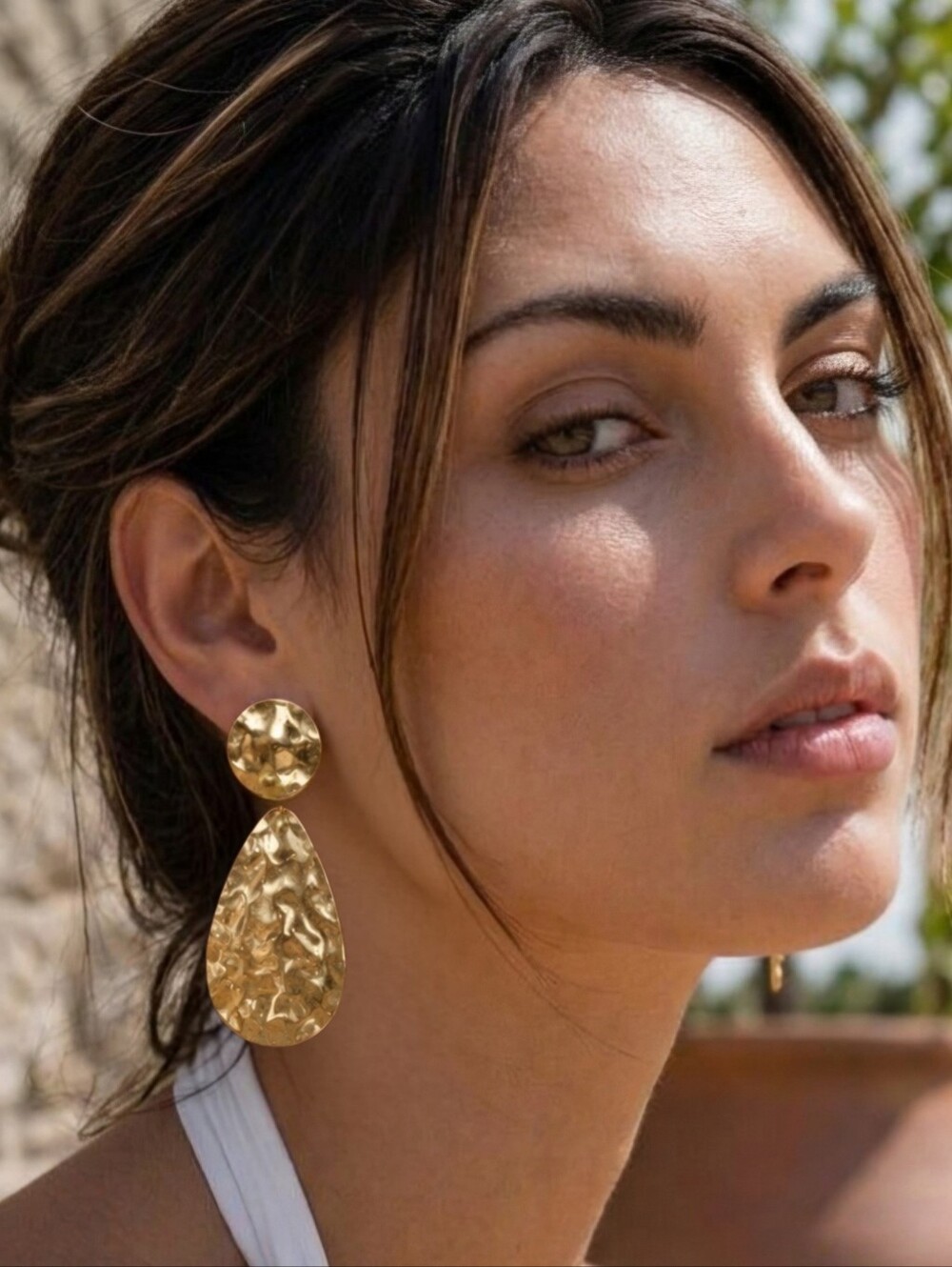Hammered Gold Teardrop Statement Drop Earrings 18K Ion Plated Steel Greek 2.6"